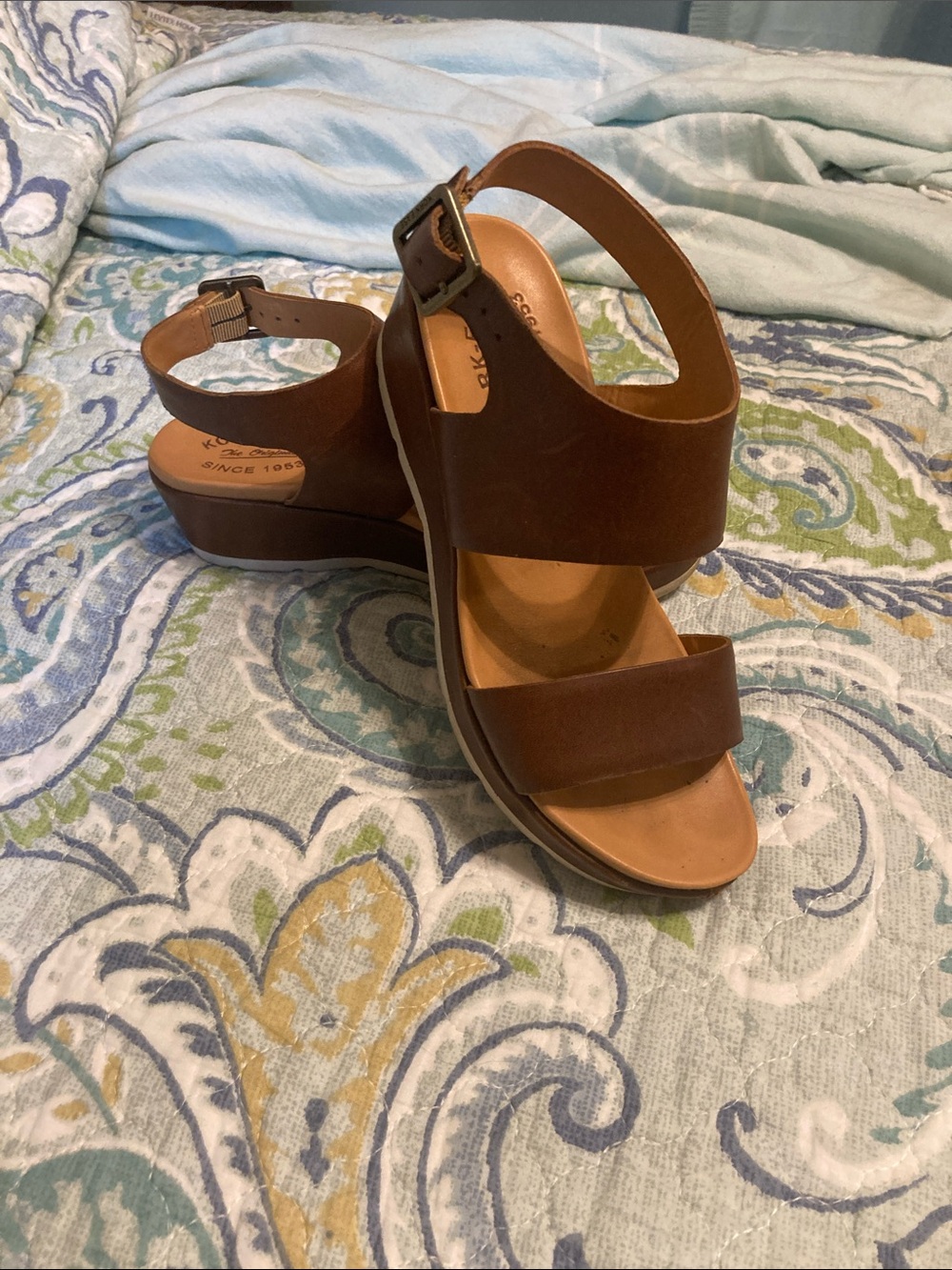 Kork-Ease Brown Leather Wedge Sandals with Buckle Ankle Strap